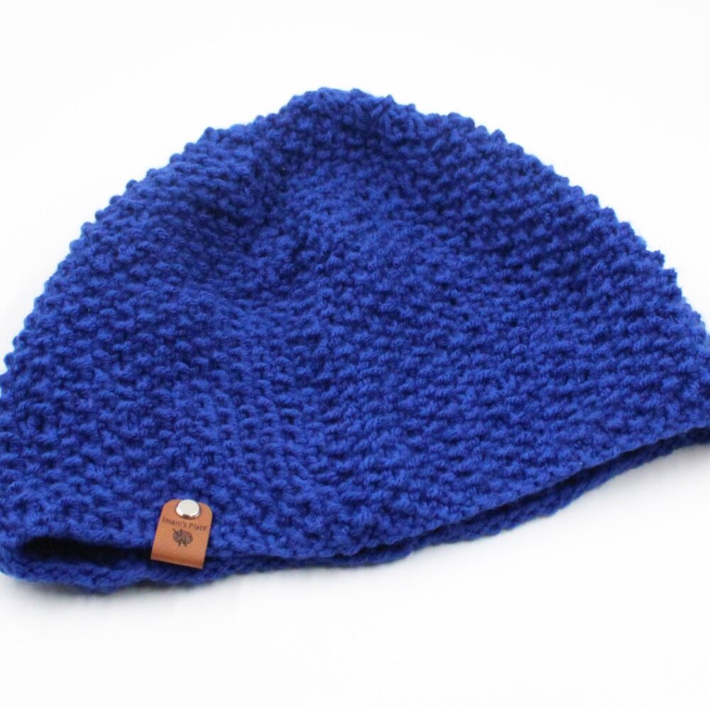 Handmade Hand Knit Acrylic Seed Stitch Beanie Hat in Blue